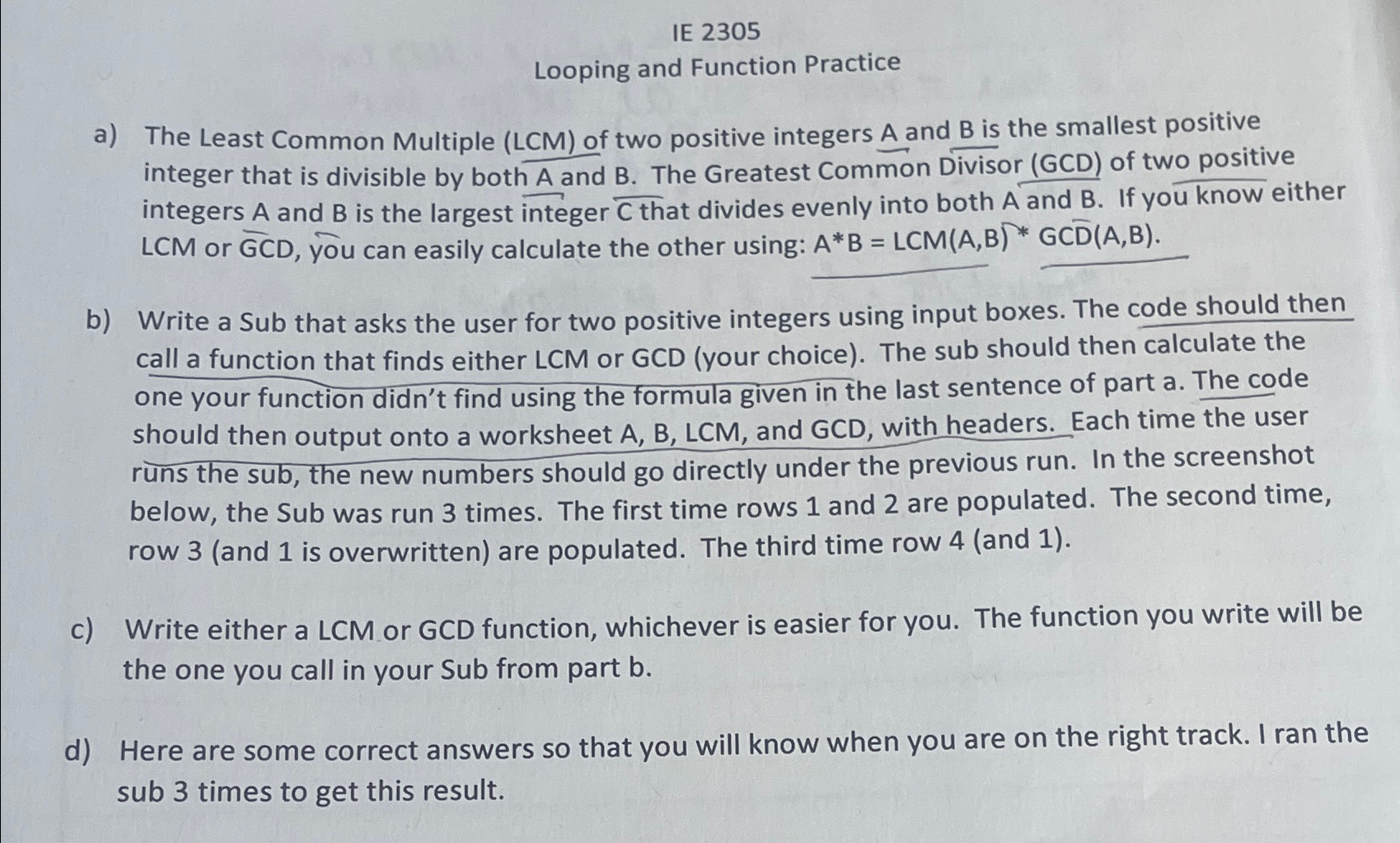  IE 2305 Looping and Function Practice a) The Least Common Multiple