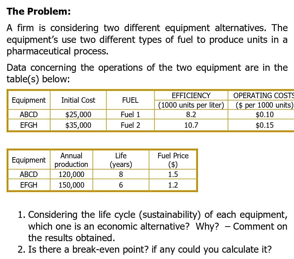  The Problem: A firm is considering two different equipment alternatives. The