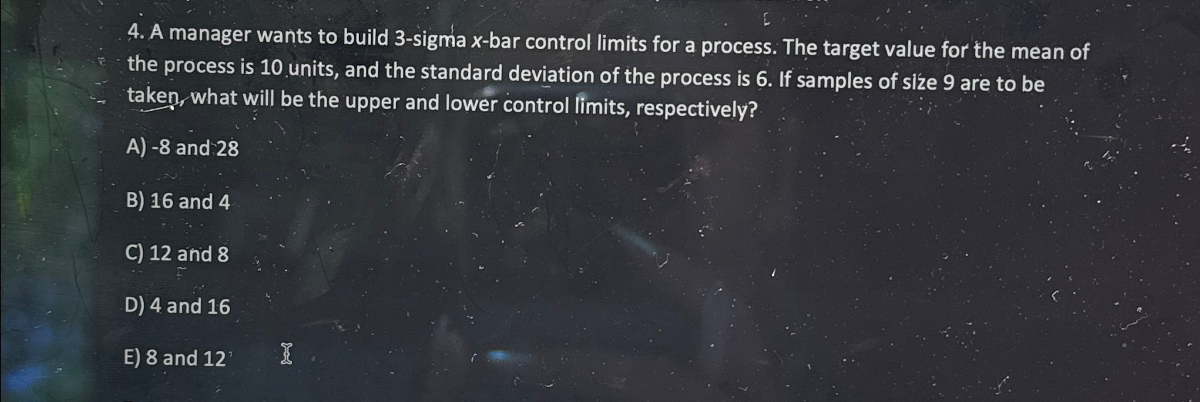  A manager wants to build 3-sigma x-bar control limits for a
