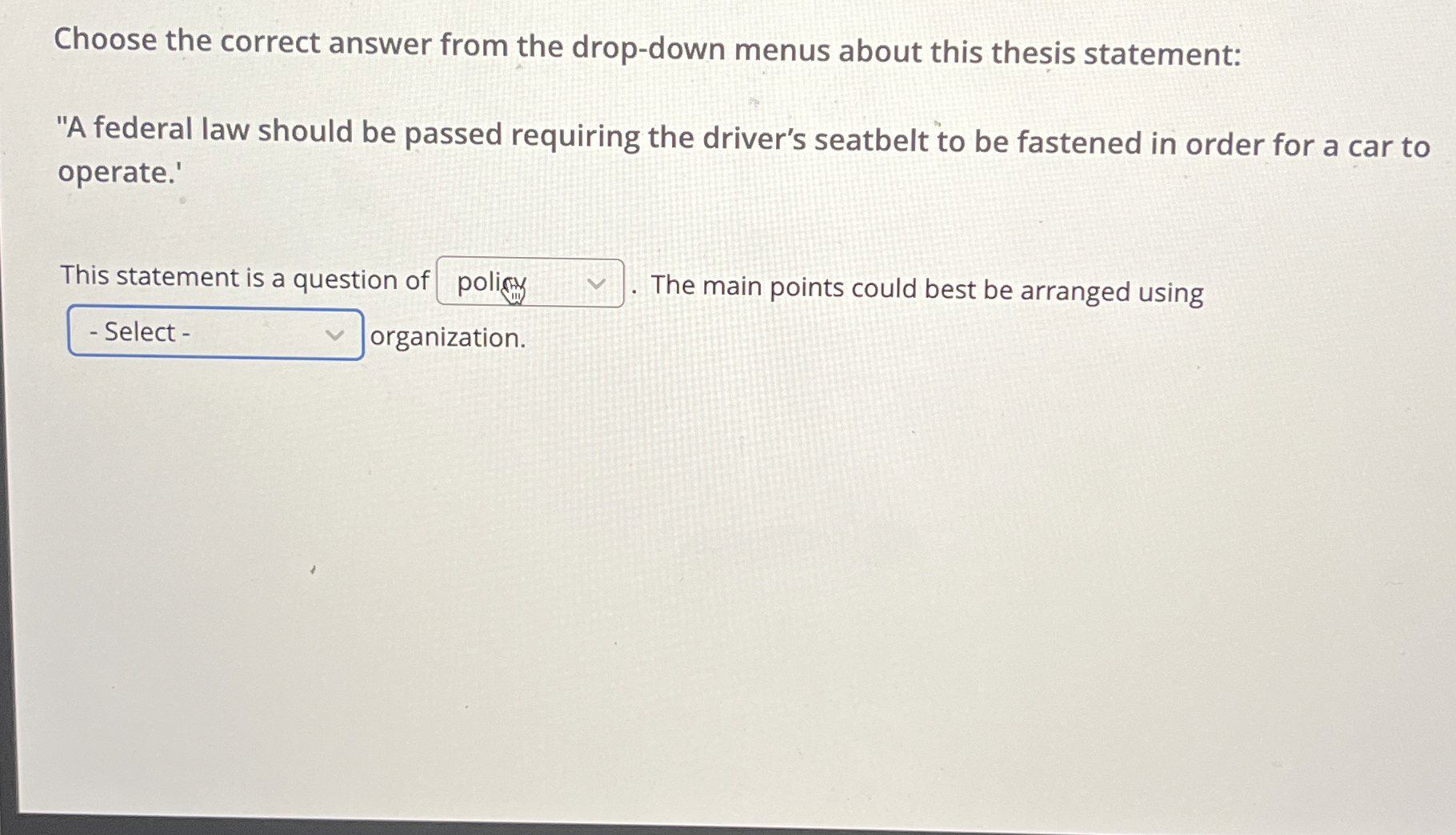  Choose the correct answer from the drop-down menus about this thesis