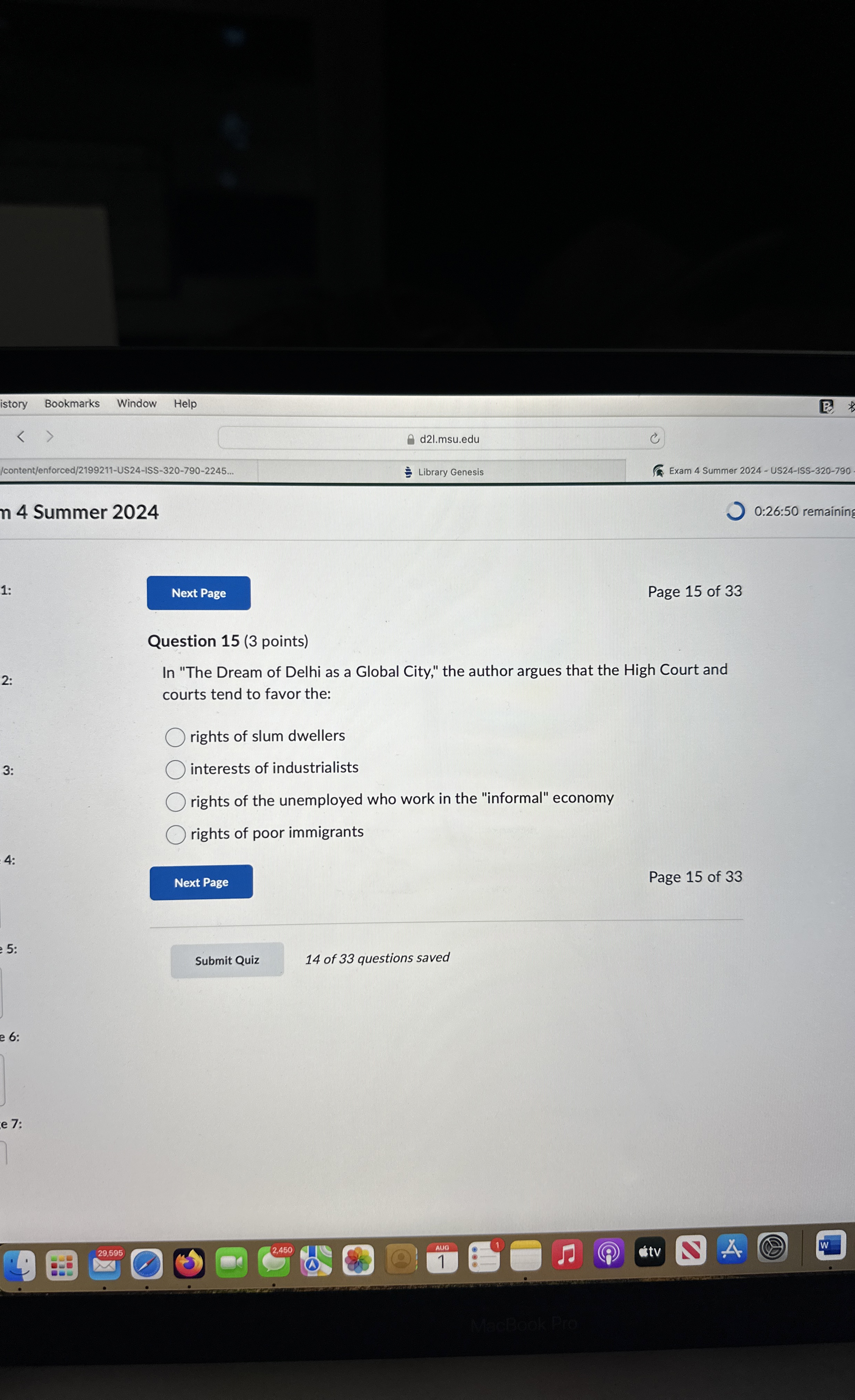  istory Bookmarks Window Help d2l.msu.edu /content/enforced/2199211-US24-ISS-320-790-2245... Library Genesis Exam 4 Summer