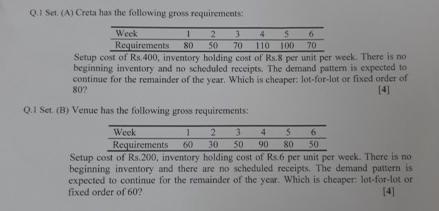  Q.I Set. (A) Creta has the following gross requirements: \table[[Week,1,2,3,4,5,6],[Requirements,80,50,70,110,100,70]] Setup