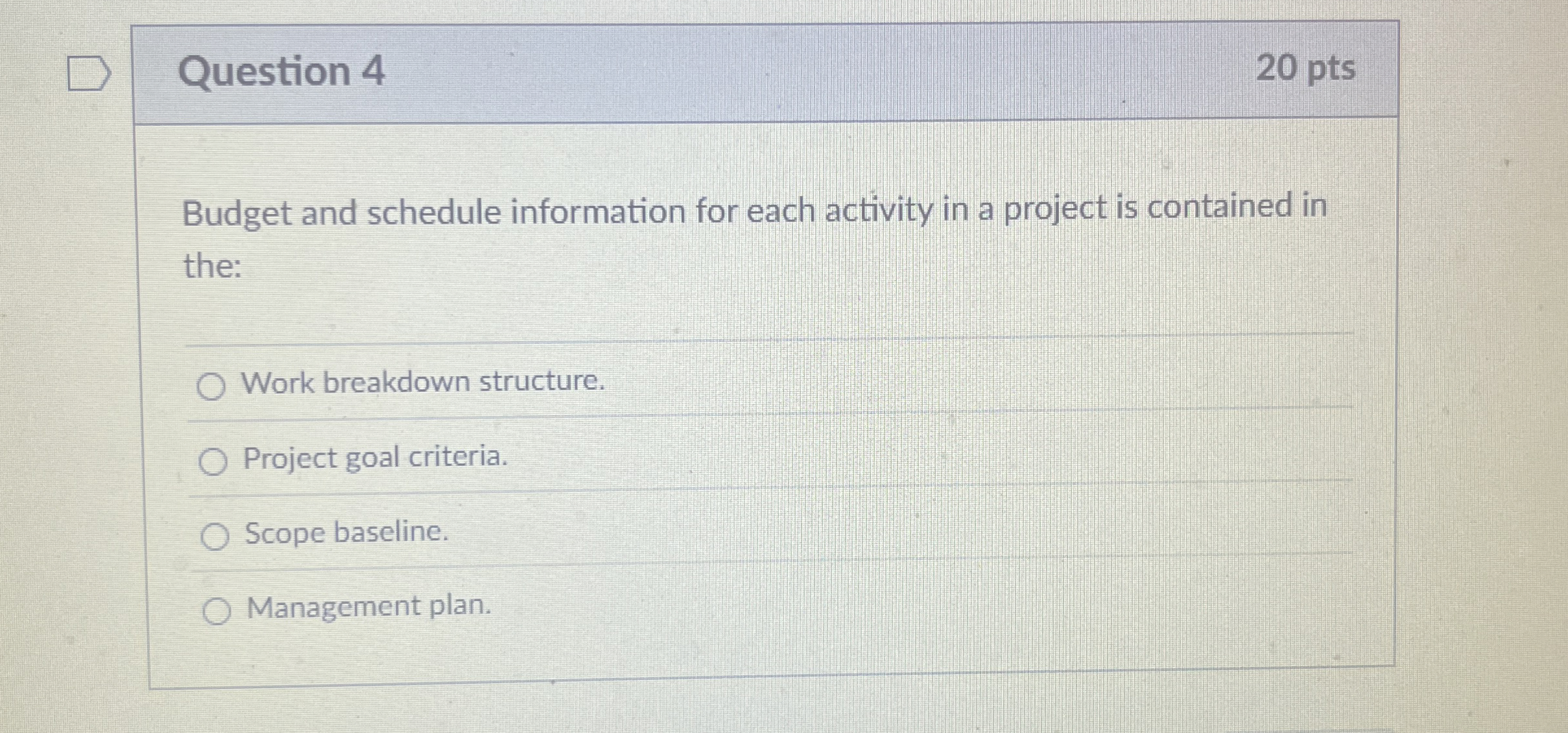  Question 4 Budget and schedule information for each activity in a