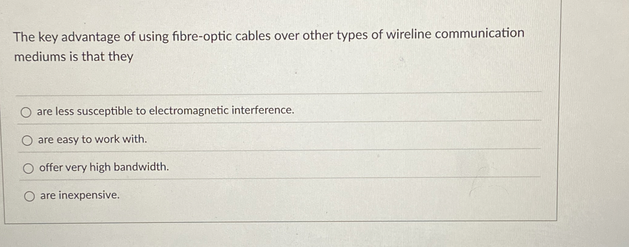  The key advantage of using fibre-optic cables over other types of