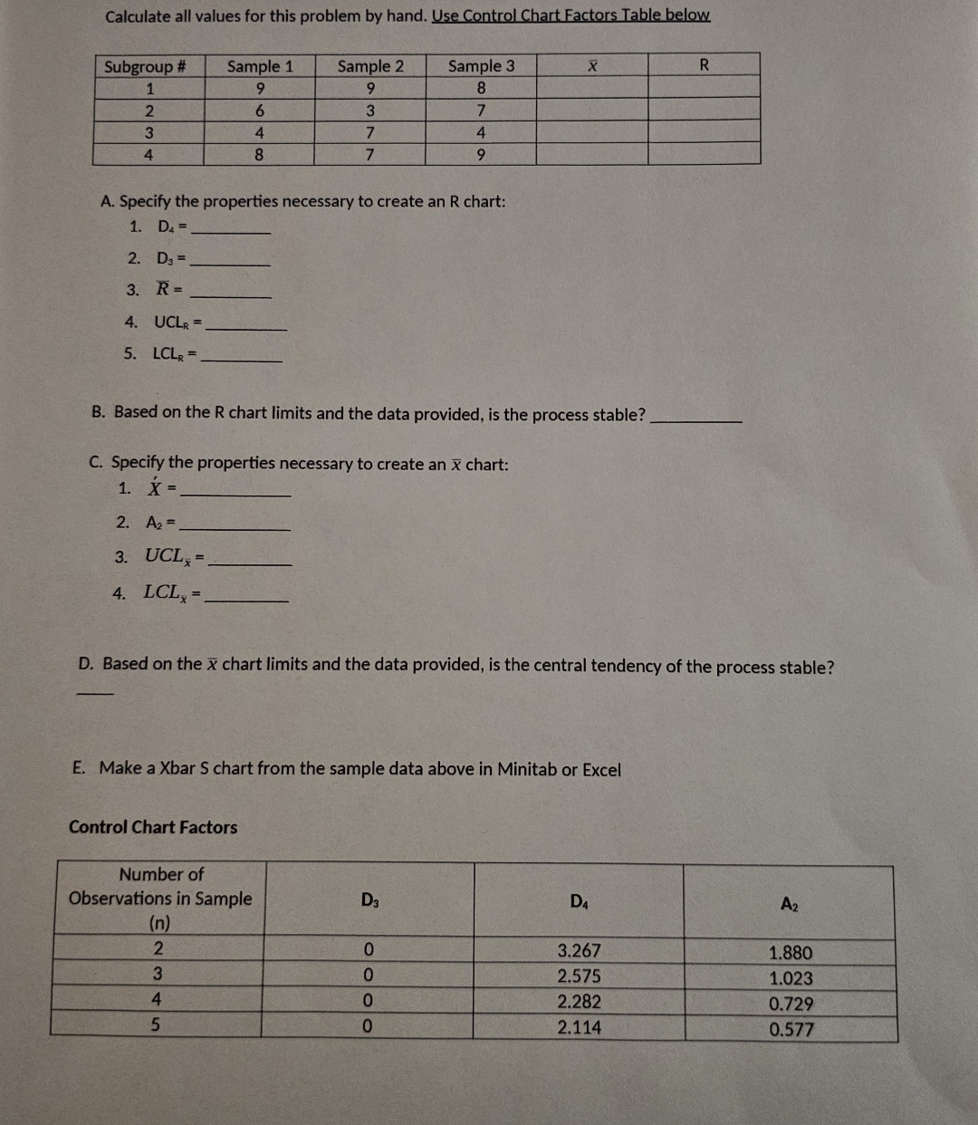  Calculate all values for this problem by hand. Use Control Chart