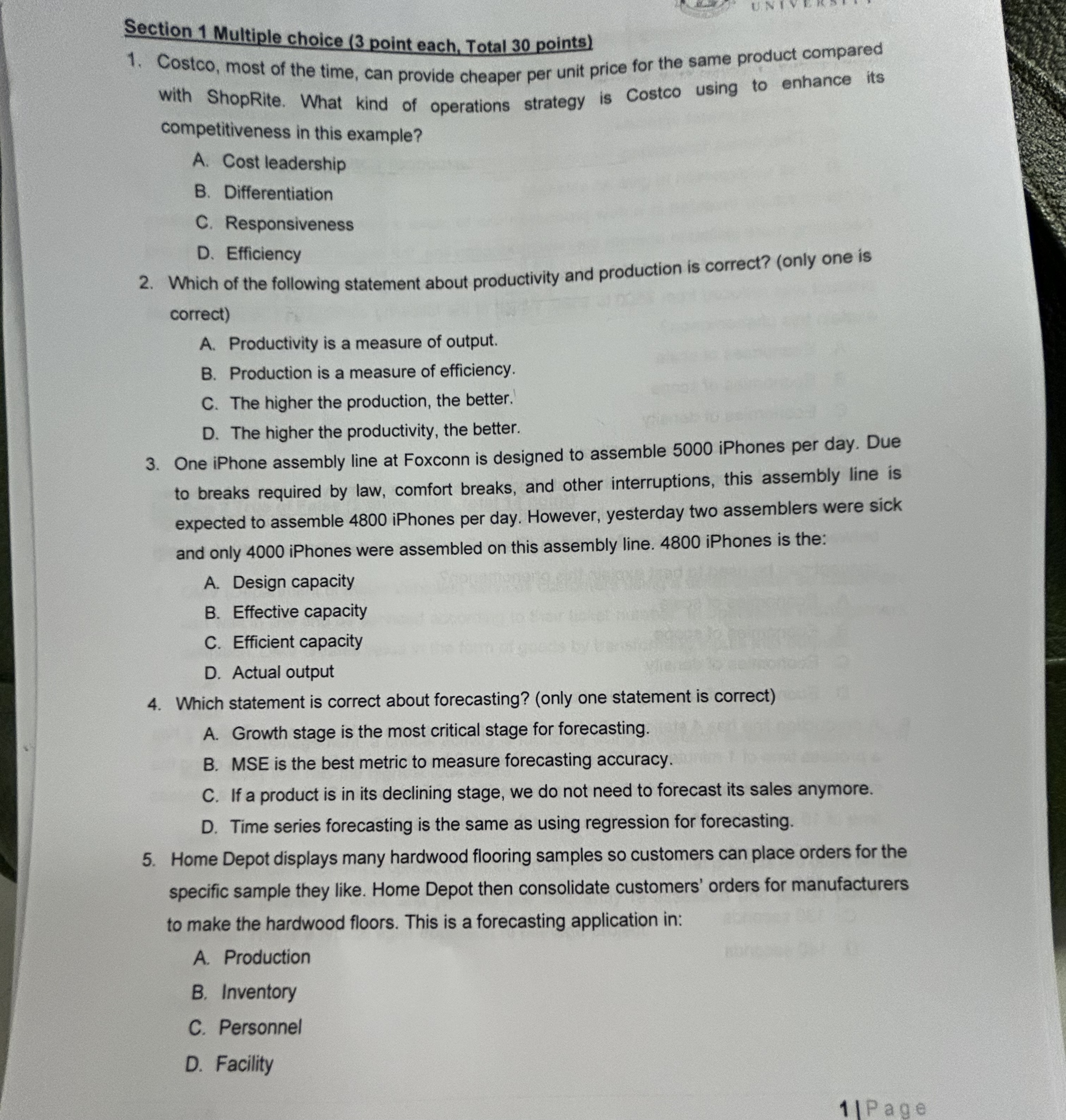 Section 1 Multiple choice (3 point each, Total 30 points) Costco,
