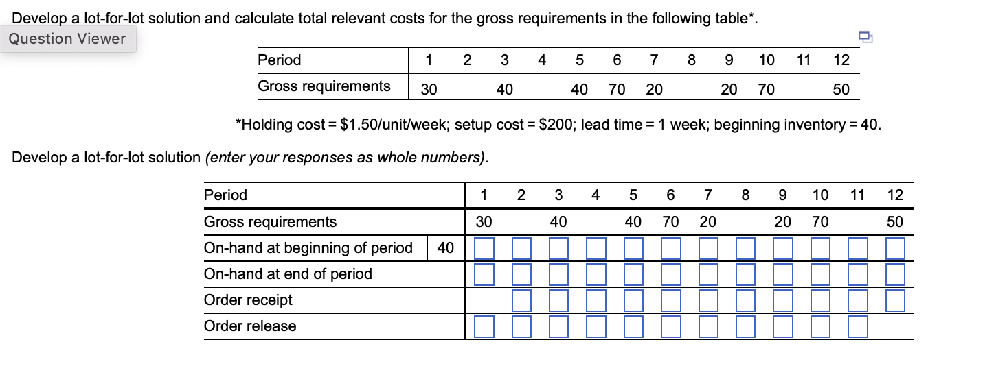  Develop a lot-for-lot solution and calculate total relevant costs for the