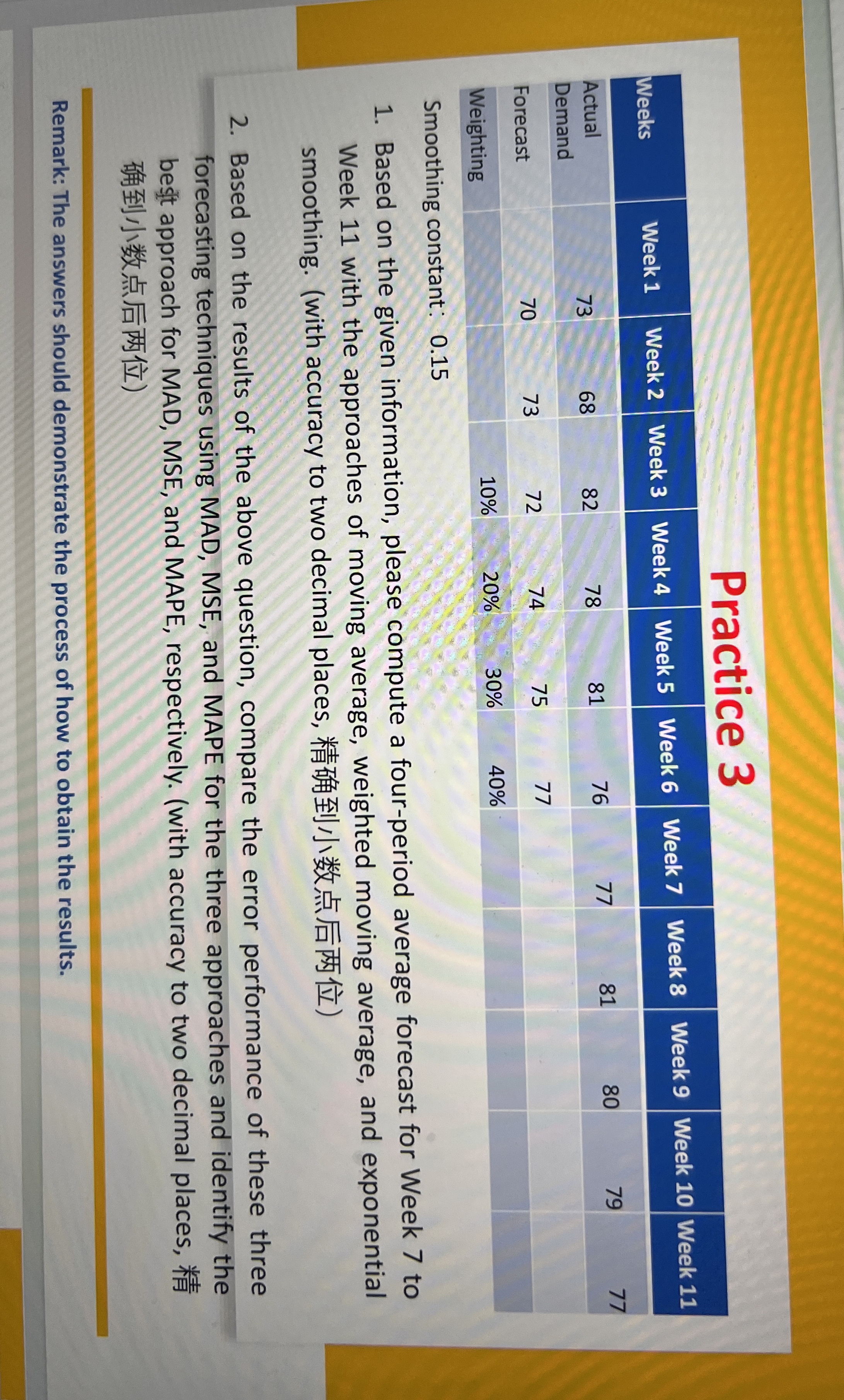  Smoothing constant: 0.15 Based on the given information, please compute a