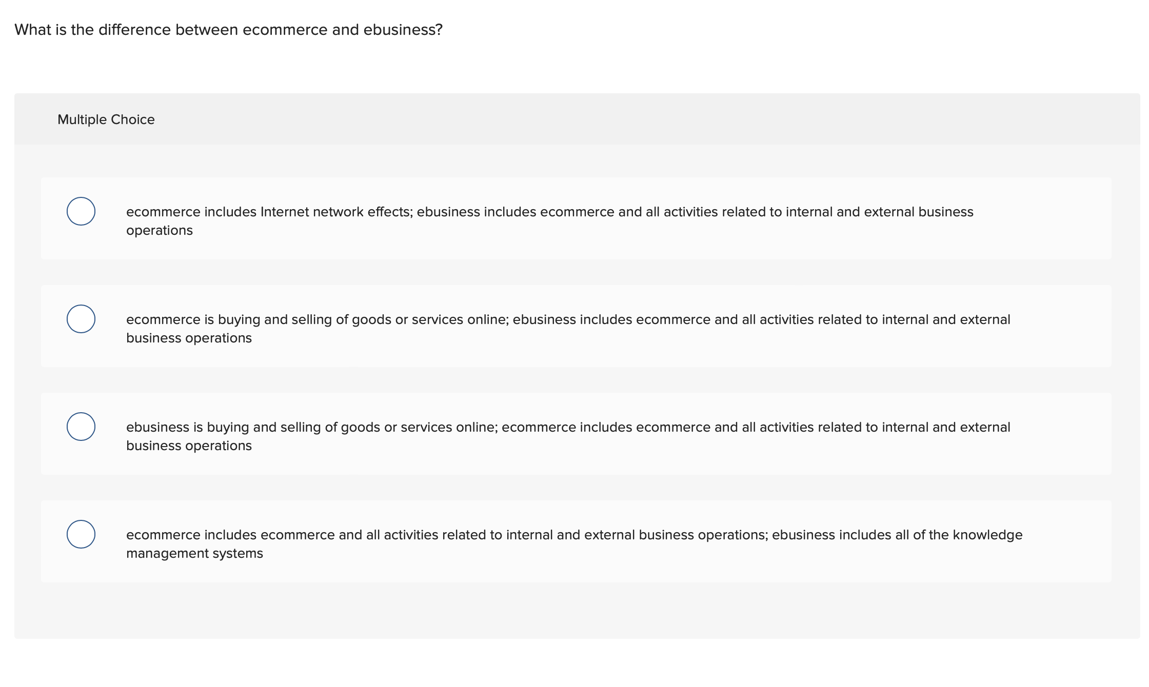  What is the difference between ecommerce and ebusiness? Multiple Choice ecommerce