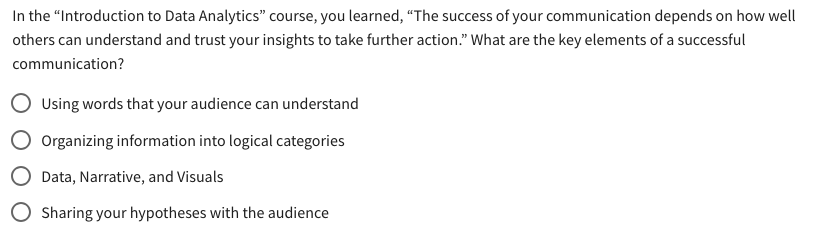  In the "Introduction to Data Analytics" course, you learned, "The success