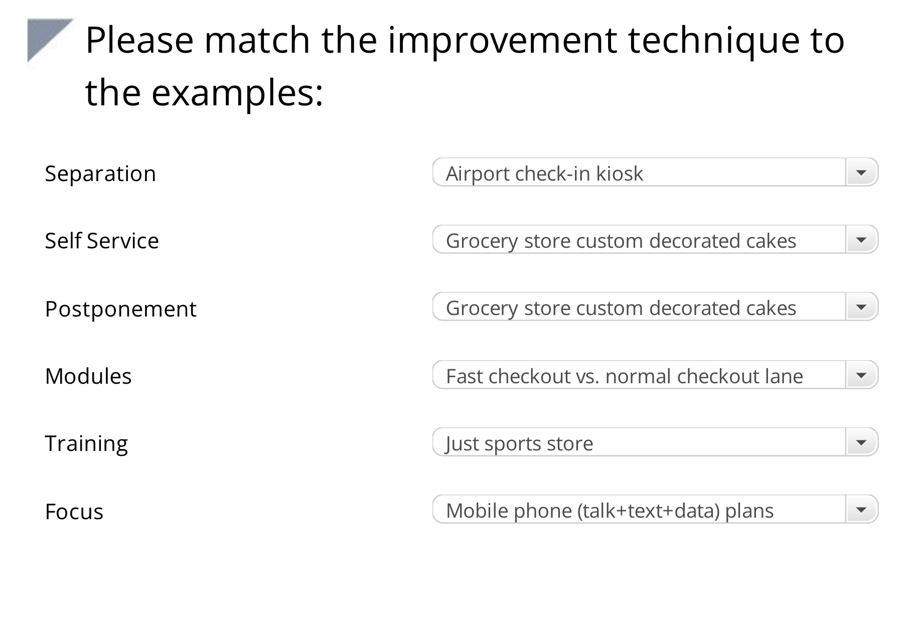  Please match the improvement technique to the examples: Separation Self Service