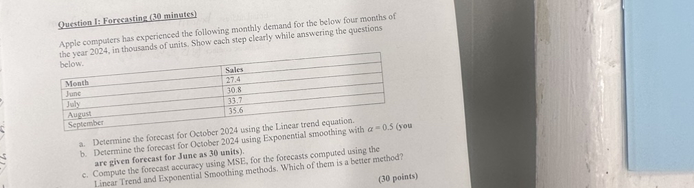  Question I: Forecasting (30 minutes) Apple computers has experienced the following