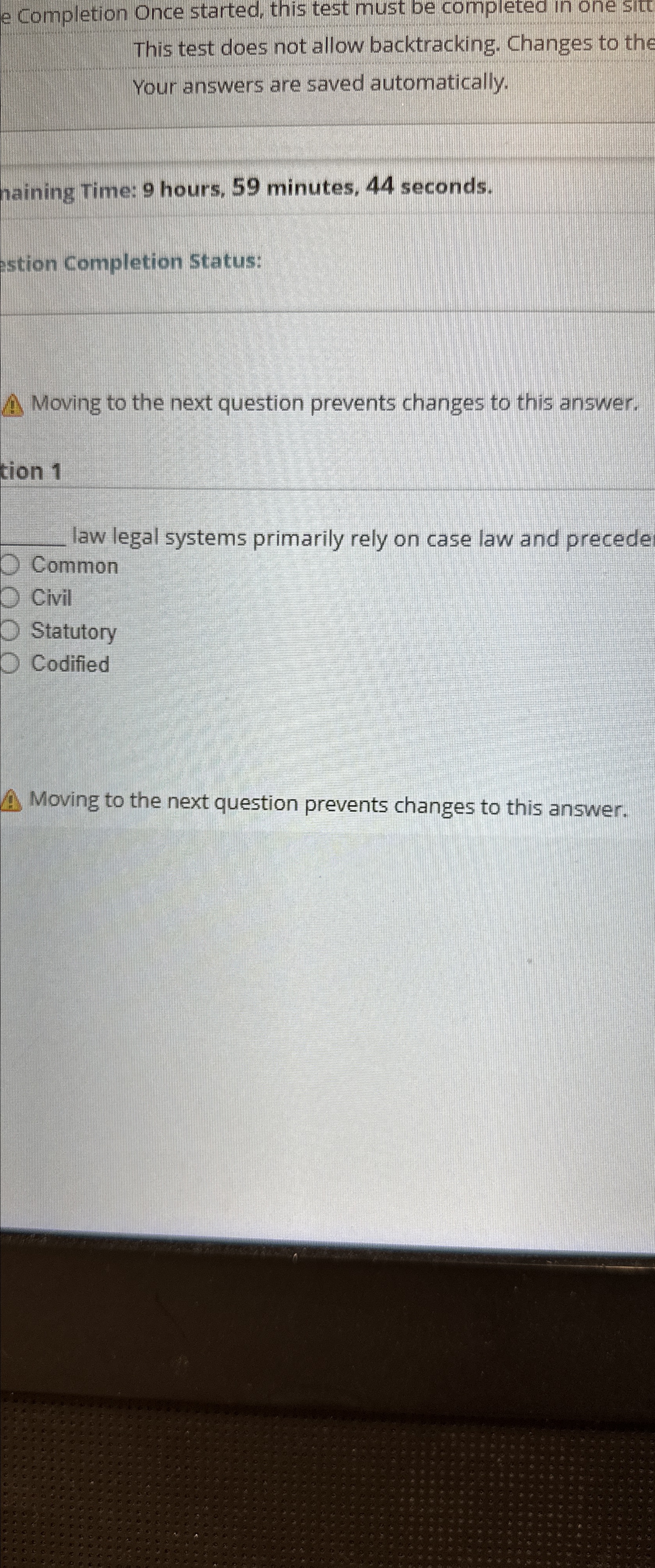  Completion Once started, this test must be completed in one sitt