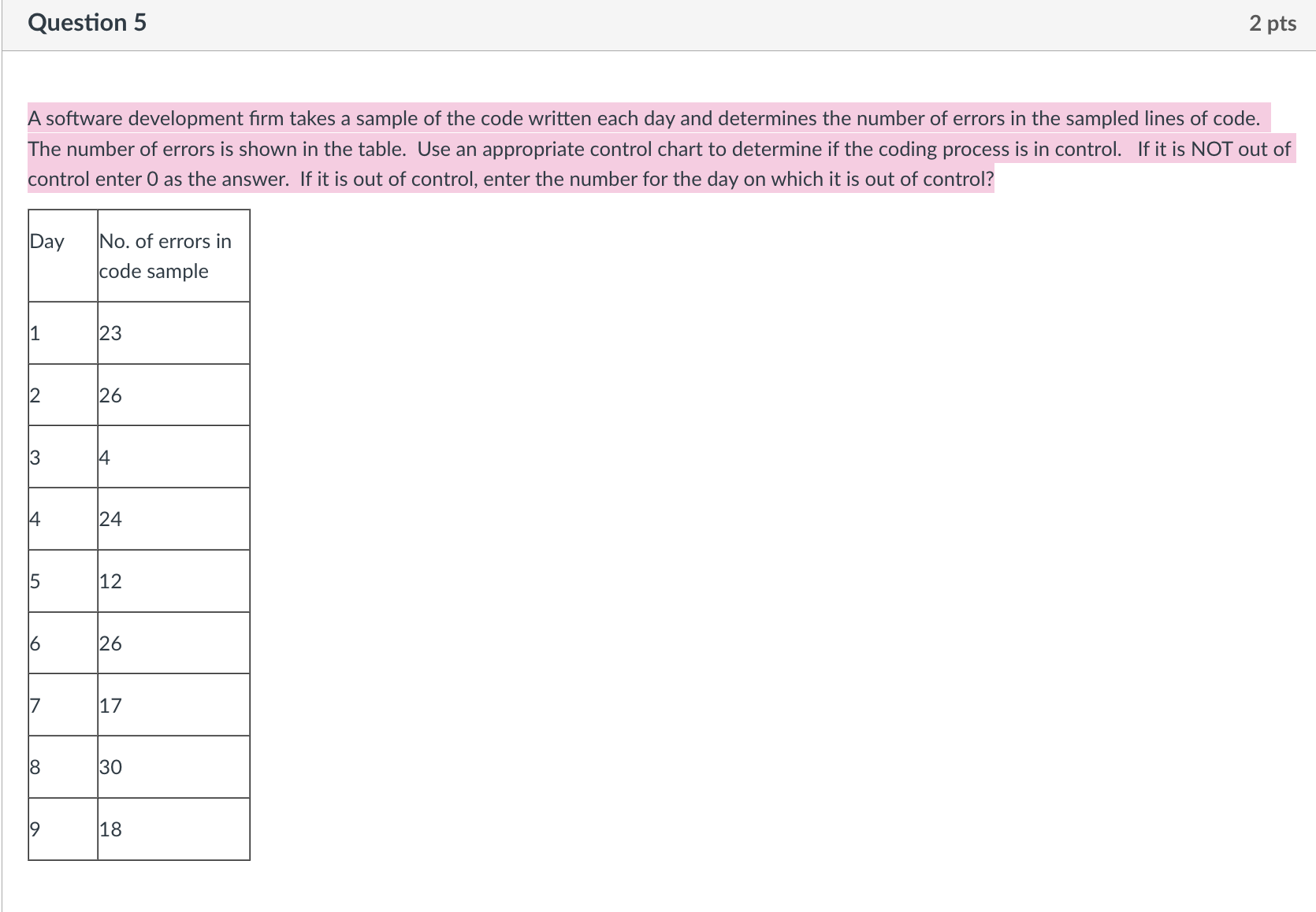  Question 5 A software development firm takes a sample of the
