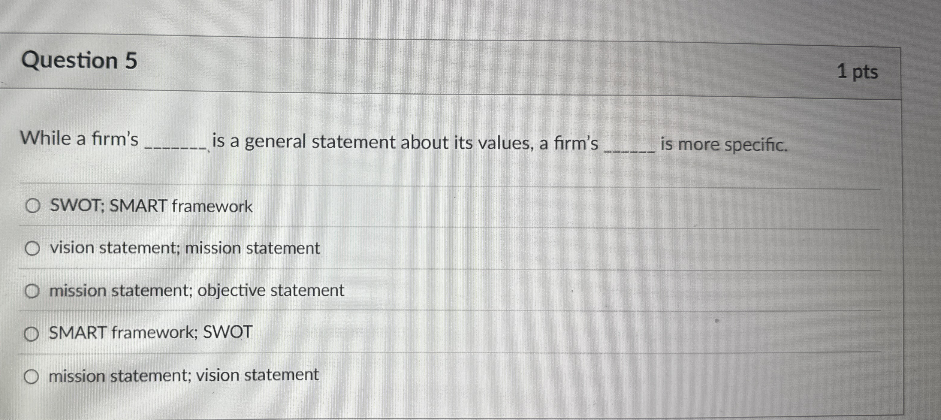  Question 5 While a firm's is a general statement about its
