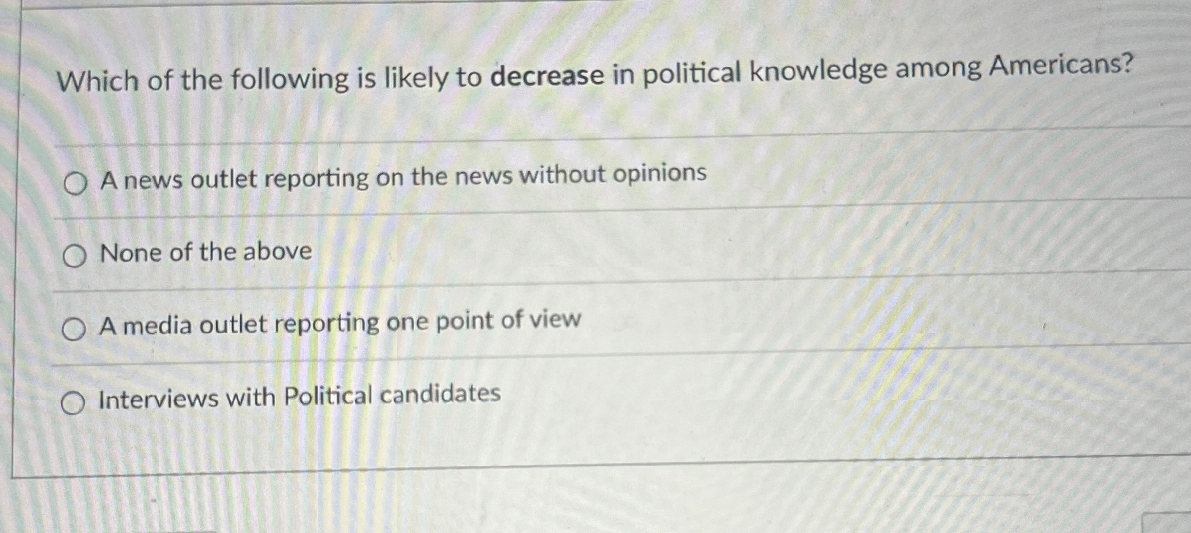  Which of the following is likely to decrease in political knowledge