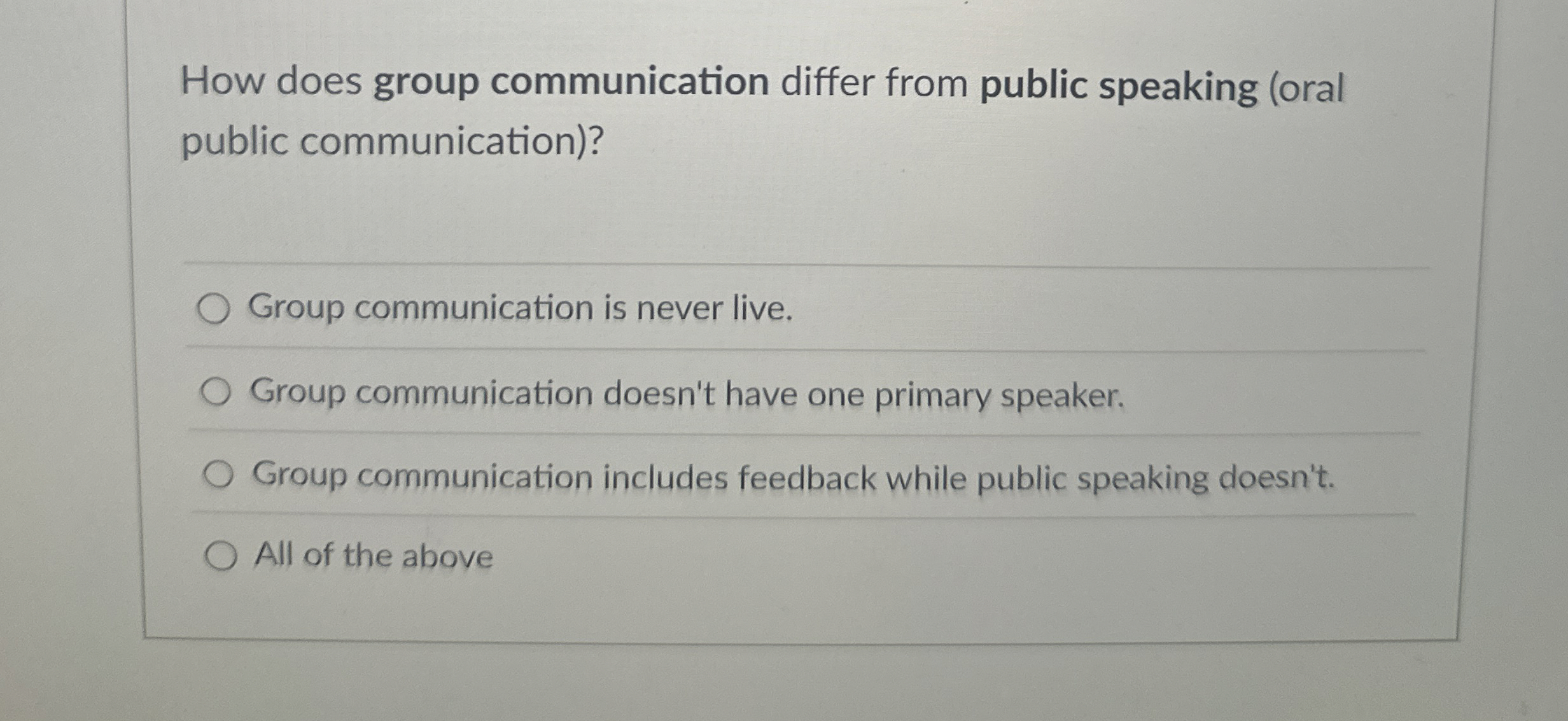  How does group communication differ from public speaking (oral public communication)?