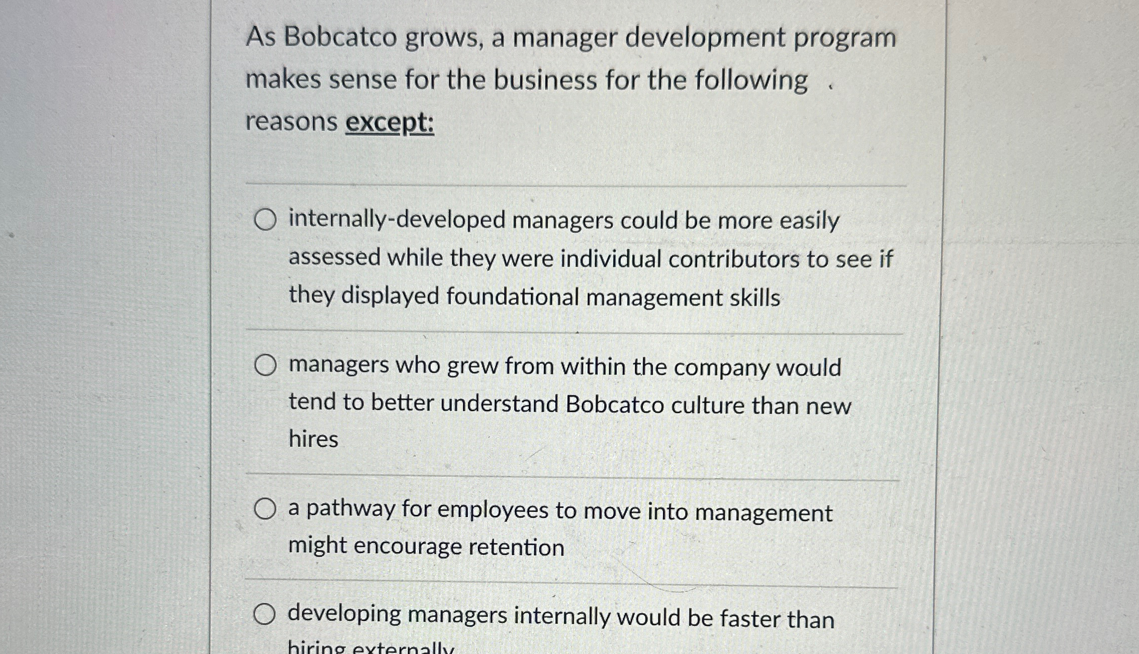  As Bobcatco grows, a manager development program makes sense for the