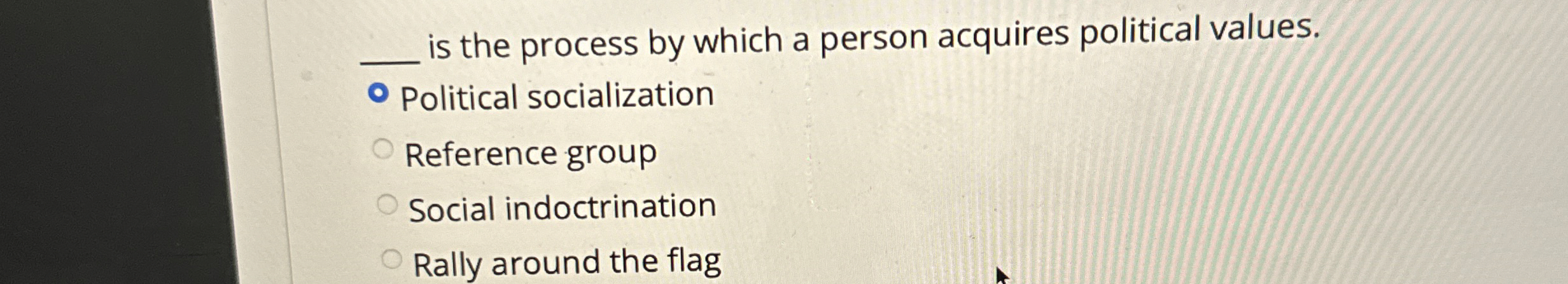  q, is the process by which a person acquires political values.