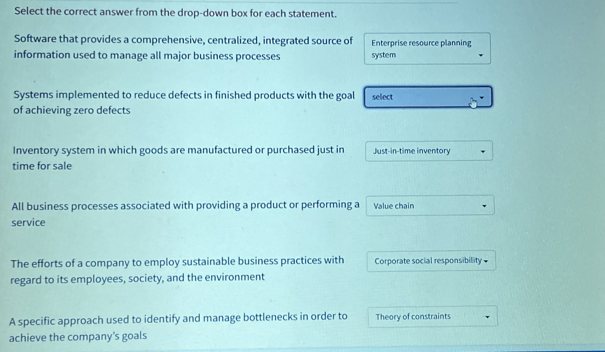  Select the correct answer from the drop-down box for each statement.