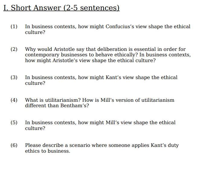  I. Short Answer (2-5 sentences) (PLEASE ONLY ANSWER IF YOU ARE