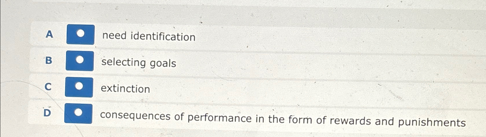  A need identification B selecting goals C extinction D consequences of