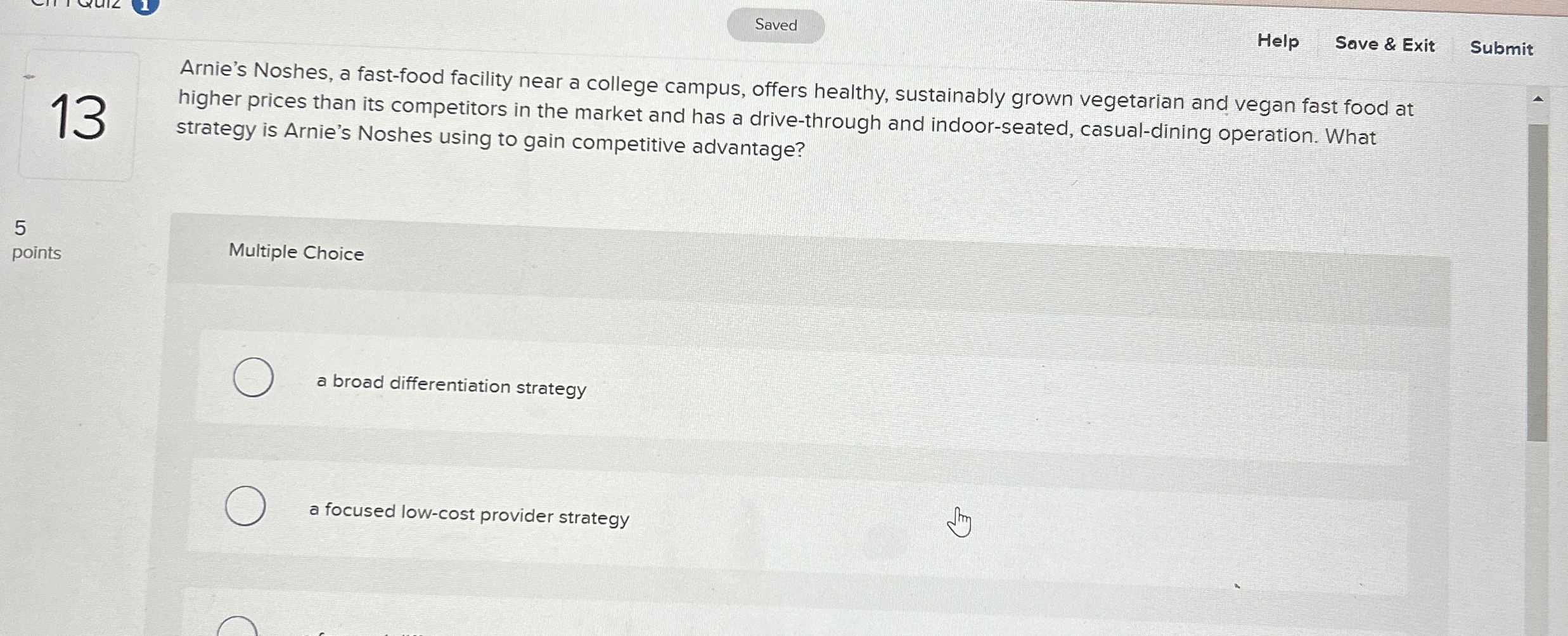  Help Save & Exit Submit 13 Arnie's Noshes, a fast-food facility