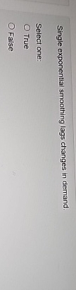  Single exponential smoothing lags changes in demand. Select one: True False