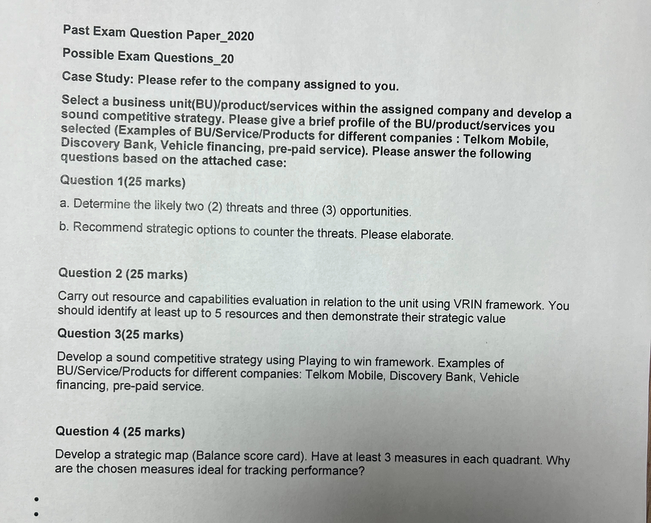  Past Exam Question Paper_2020 Possible Exam Questions_20 Case Study: Please refer