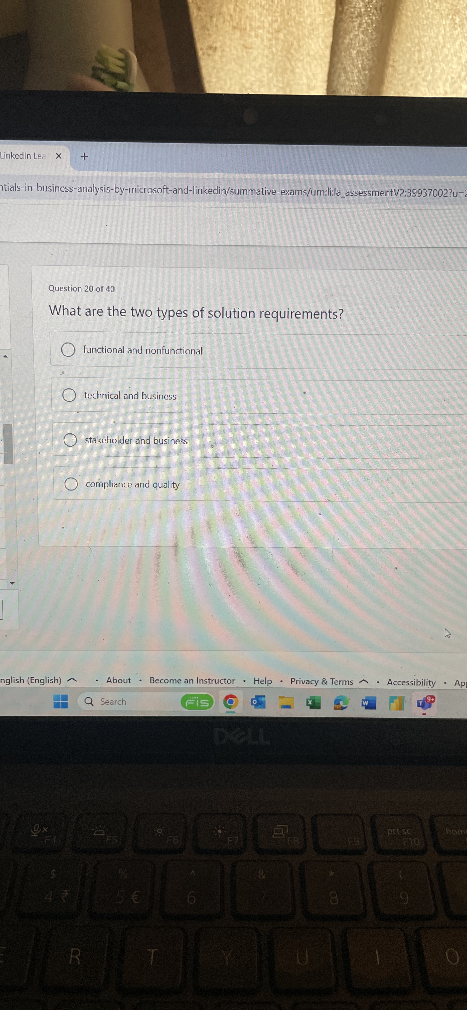  Linkedln Lea ntials-in-business-analysis-by-microsoft-and-linkedin/summative-exams/urn:li:la_assessmentV2:39937002?u= Question 20 of 40 What are the two