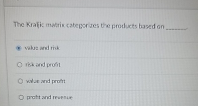  The Kraljic matrix categorizes the products based on q, valuc and
