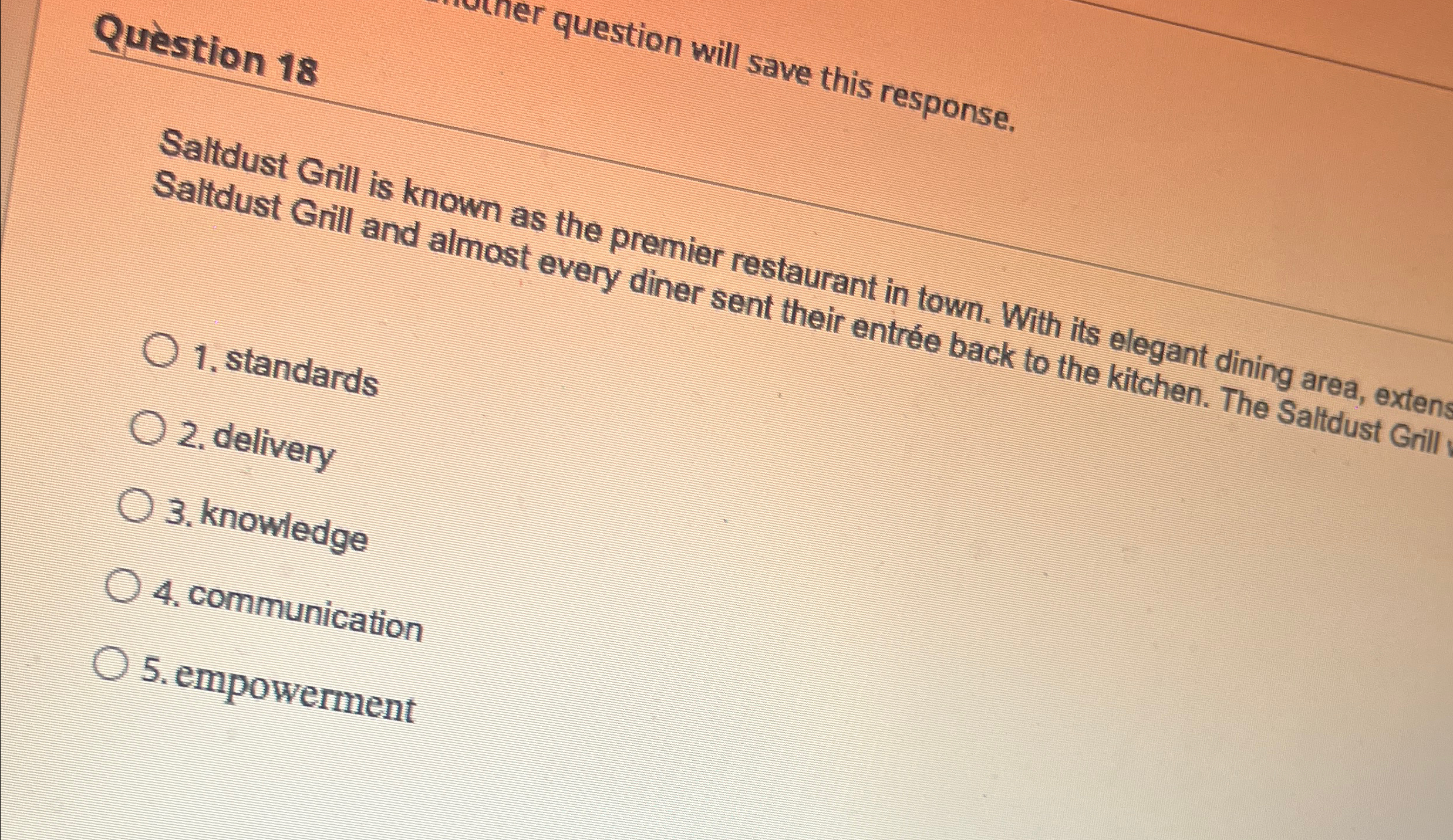  Question 18 question will save this response. Salldust Grill is known