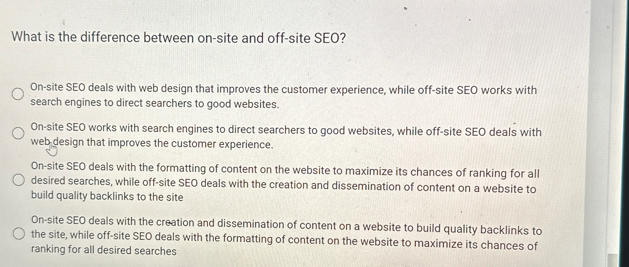 What is the difference between on-site and off-site SEO? On-site SEO
