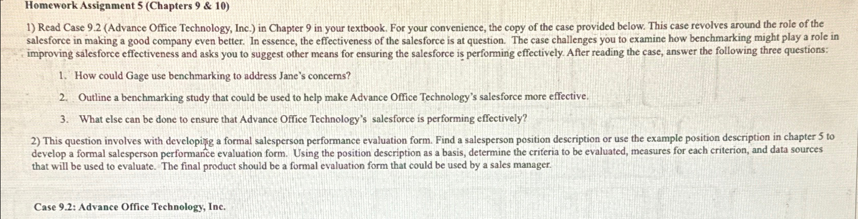  Homework Assignment 5(Chapters 9 & 10) Read Case 9.2(Advance Office Technology,