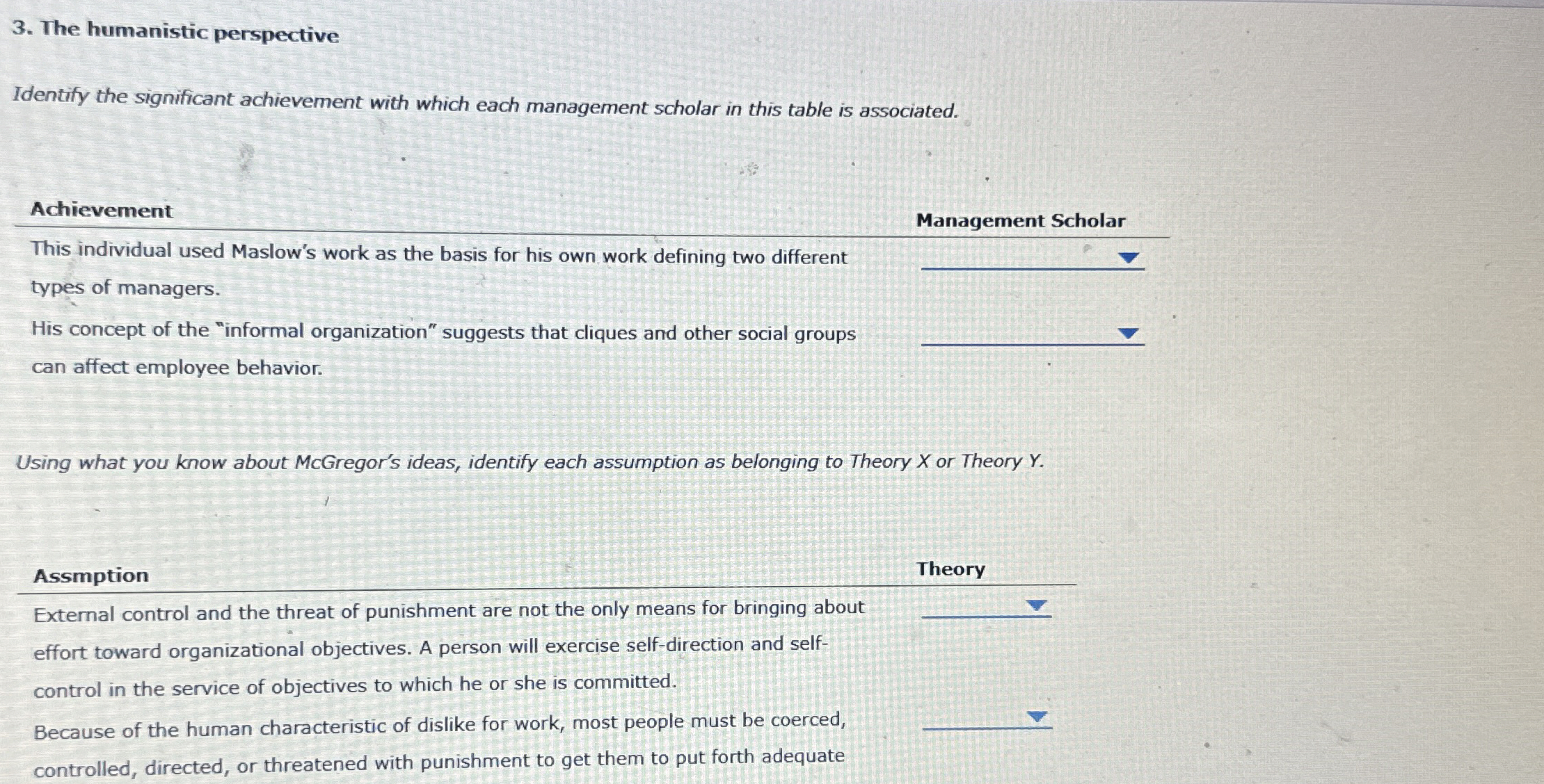  The humanistic perspective Identify the significant achievement with which each management