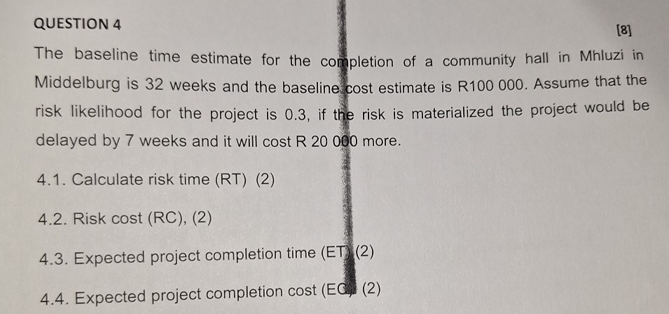  QUESTION 4 [8] The baseline time estimate for the completion of