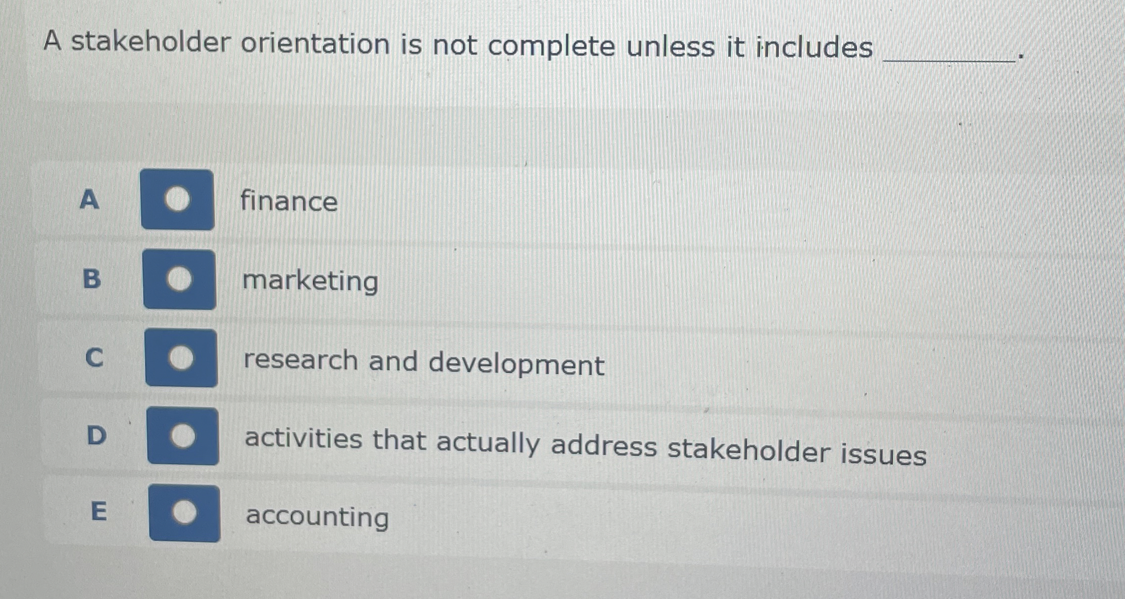  A stakeholder orientation is not complete unless it includes A finance