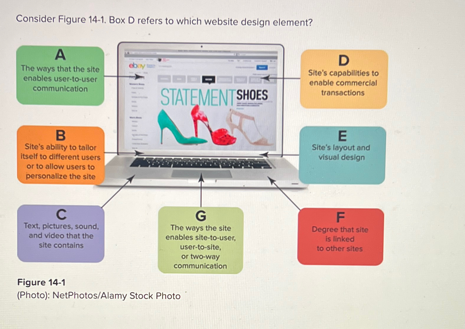  Consider Figure 14-1. Box D refers to which website design element?