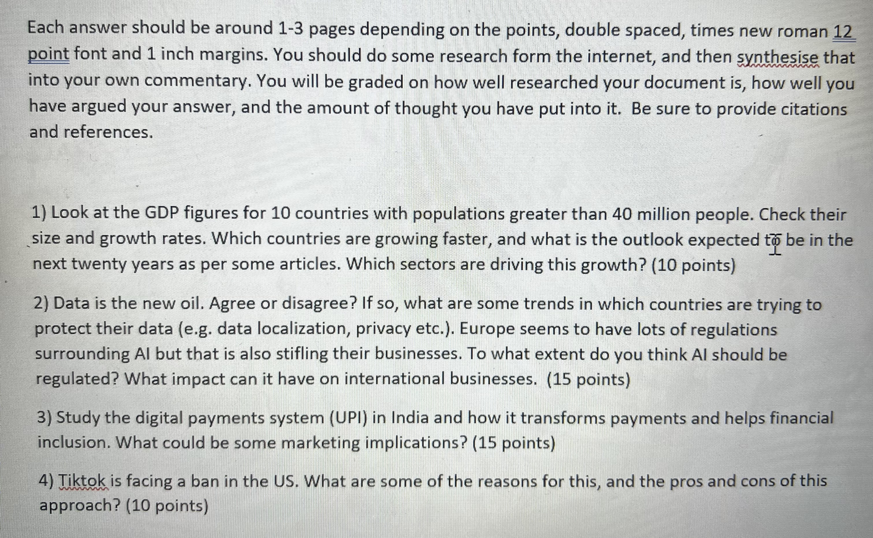  Each answer should be around 1-3 pages depending on the points,