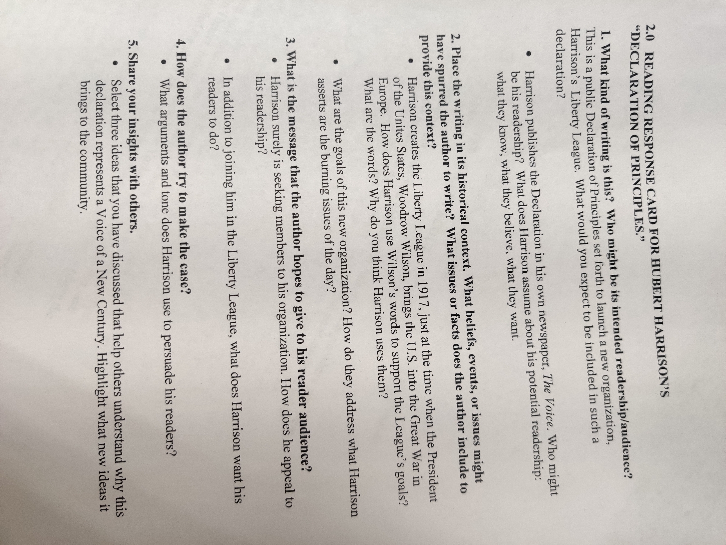  2.0 READING RESPONSE CARD FOR HUBERT HARRISON'S "DECLARATION OF PRINCIPLES." What
