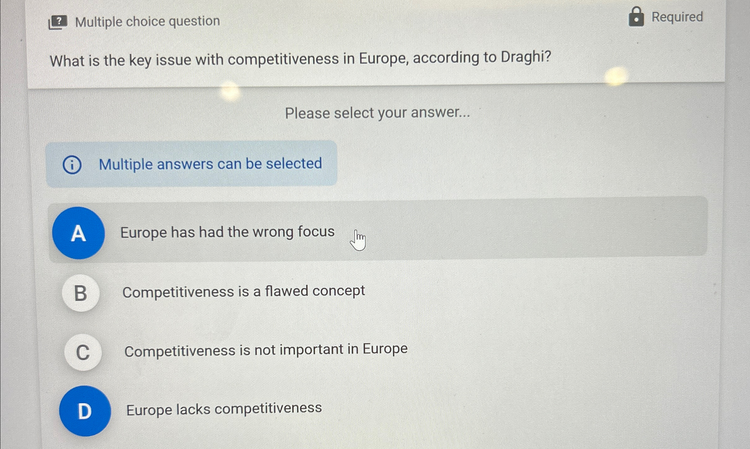  ? Multiple choice question Required What is the key issue with