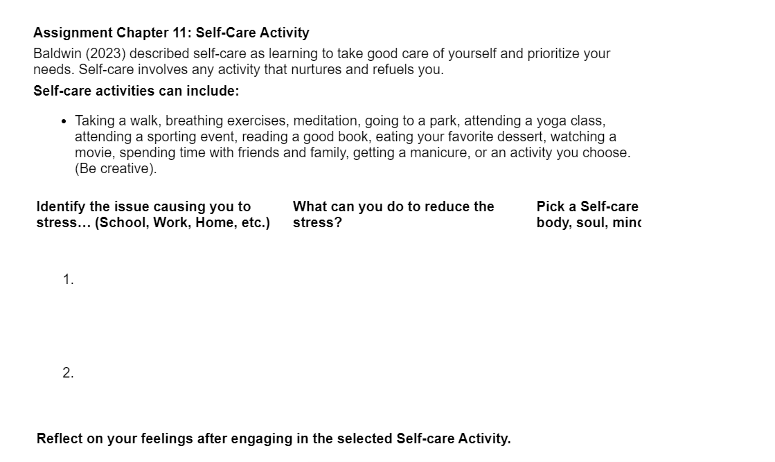  Assignment Chapter 11: Self-Care Activity Baldwin (2023) described self-care as learning