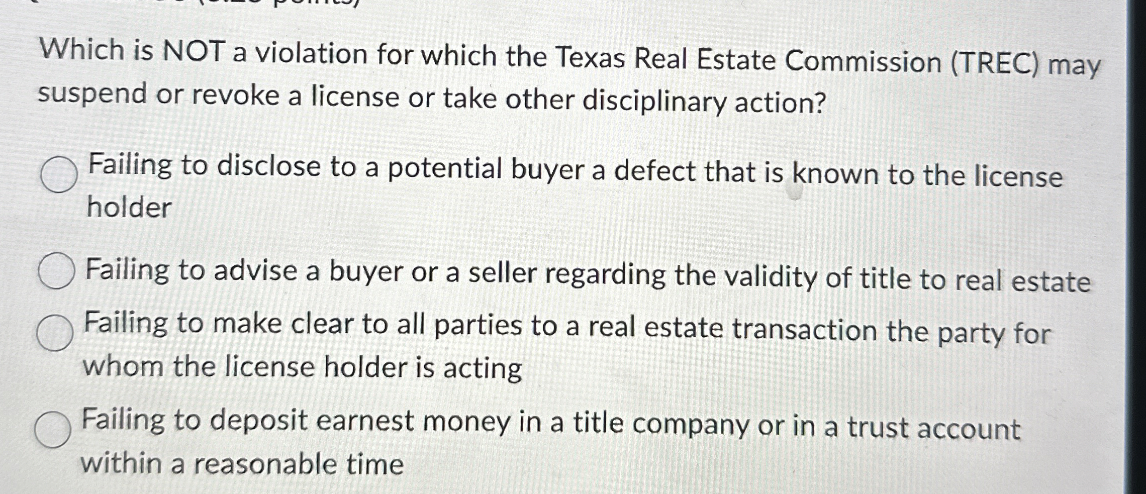  Which is NOT a violation for which the Texas Real Estate