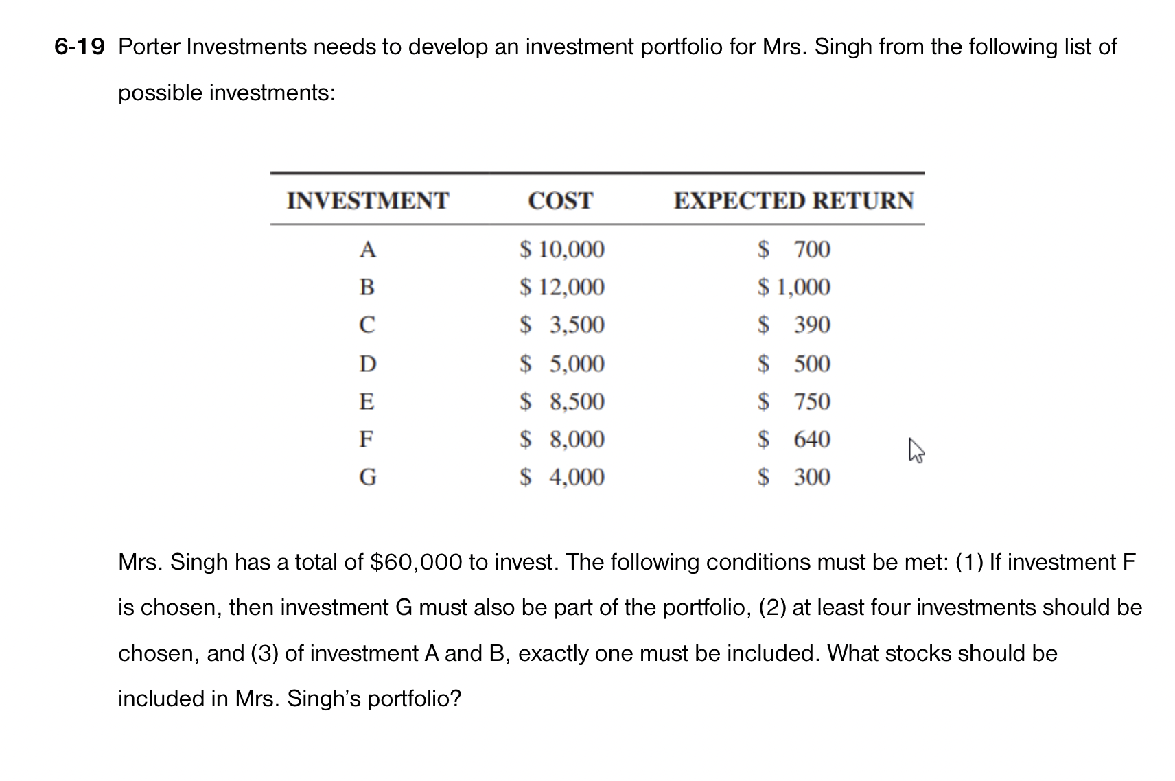  6-19 Porter Investments needs to develop an investment portfolio for Mrs.