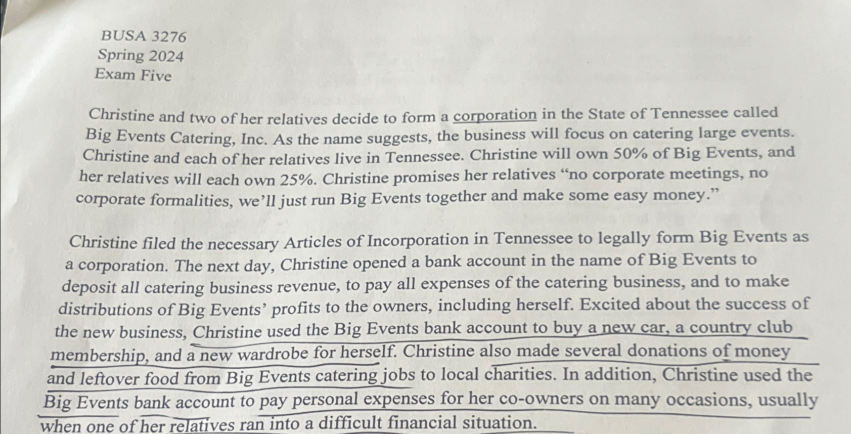  BUSA 3276 Spring 2024 Exam Five Christine and two of her