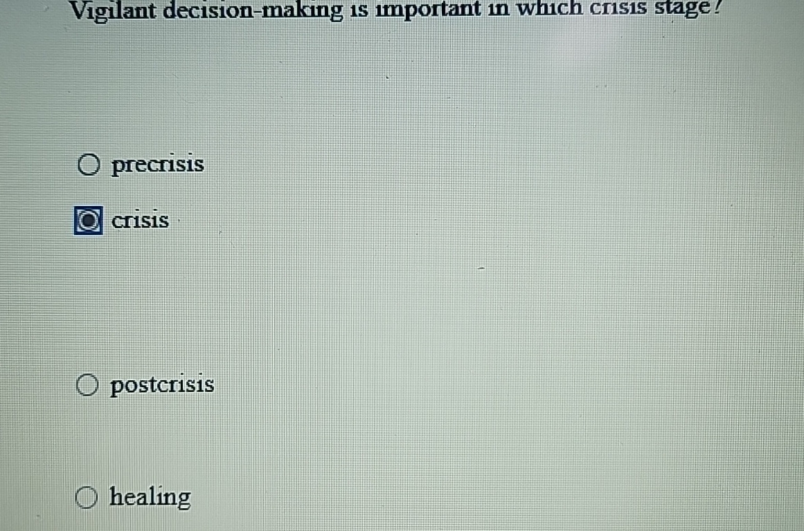  Vigilant decision-making is important in which crisis stage! precrisis crisis postcrisis