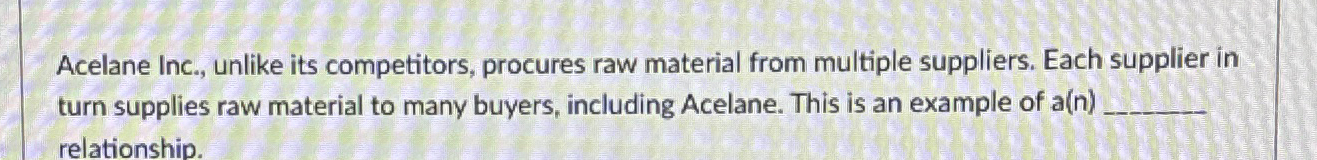  Acelane Inc., unlike its competitors, procures raw material from multiple suppliers.