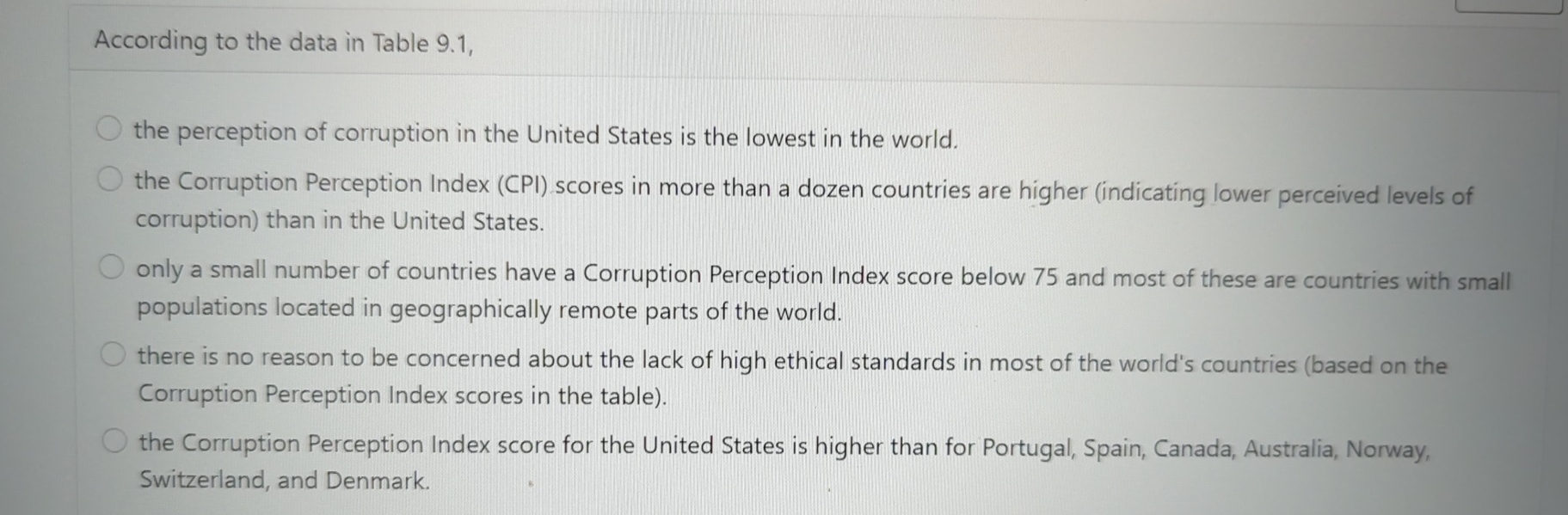  According to the data in Table 9.1, the perception of corruption