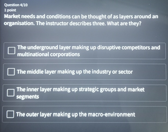  Question 4/10 1 point Market needs and conditions can be thought