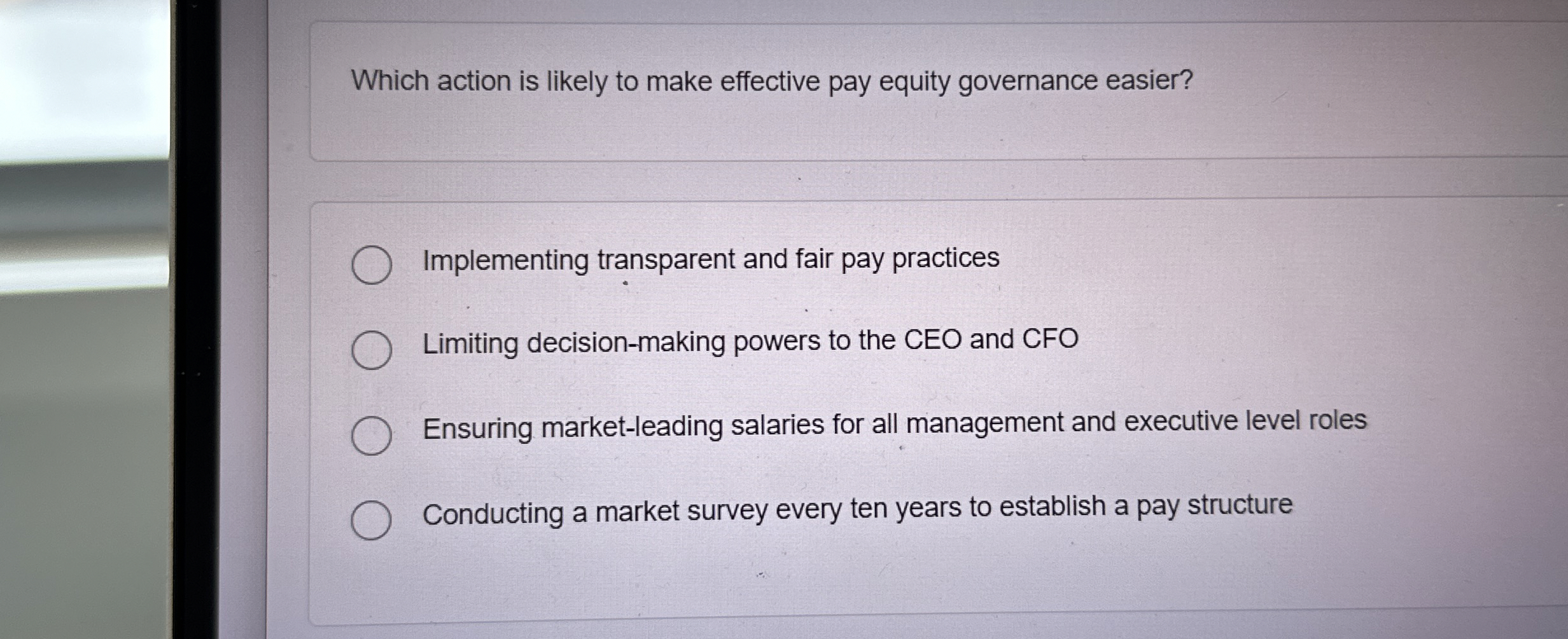  Which action is likely to make effective pay equity governance easier?